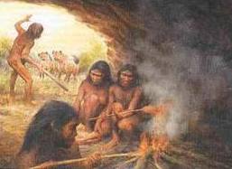 Early Man Sitting Around Fire in a Cave